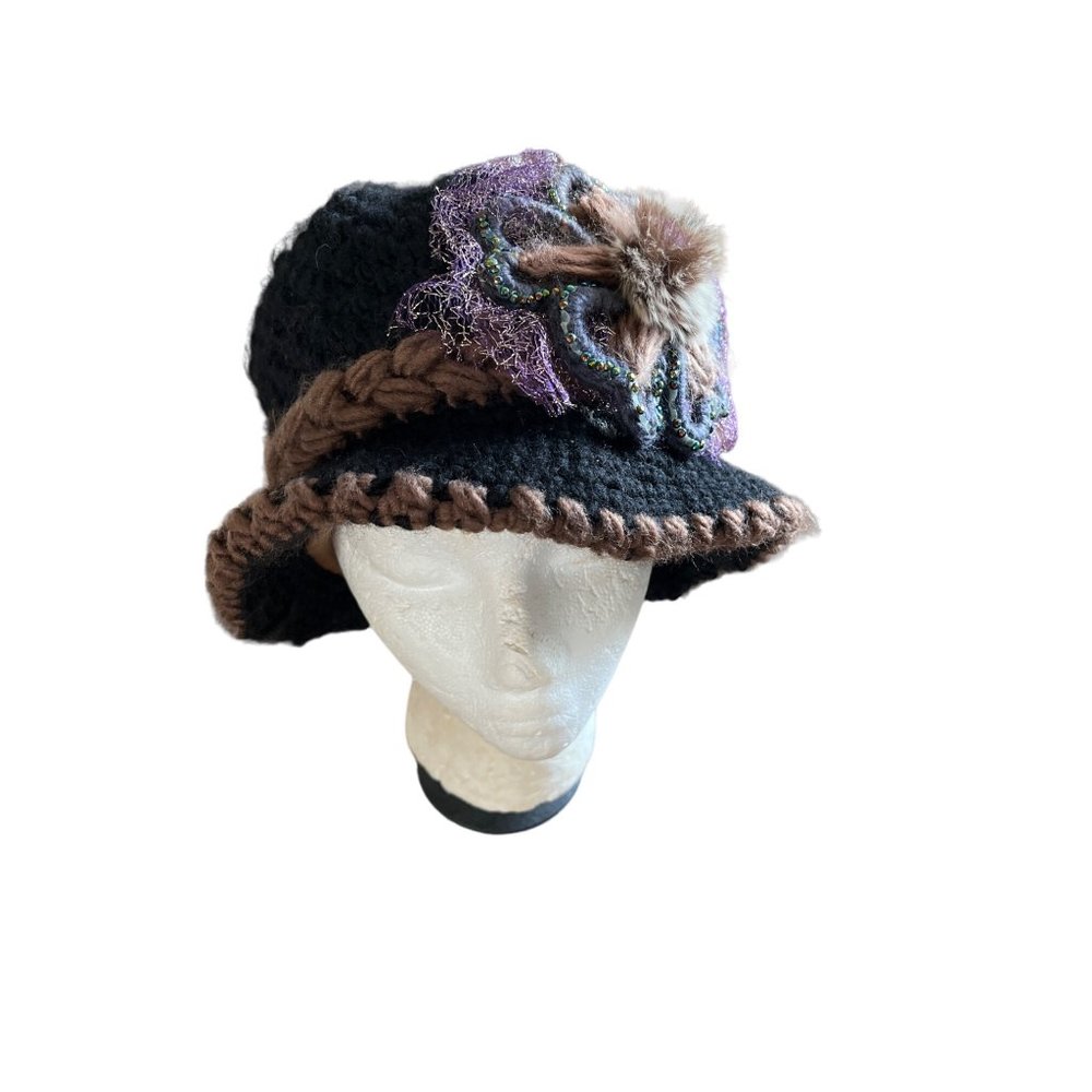 Black tan bucket hat with medallion purple lace beaded